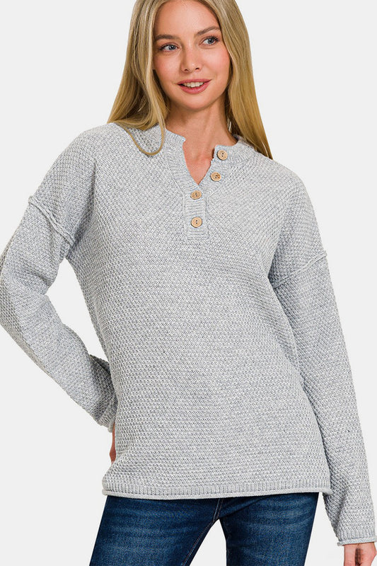 4 Buttons Henley Neckline Basic Sweater