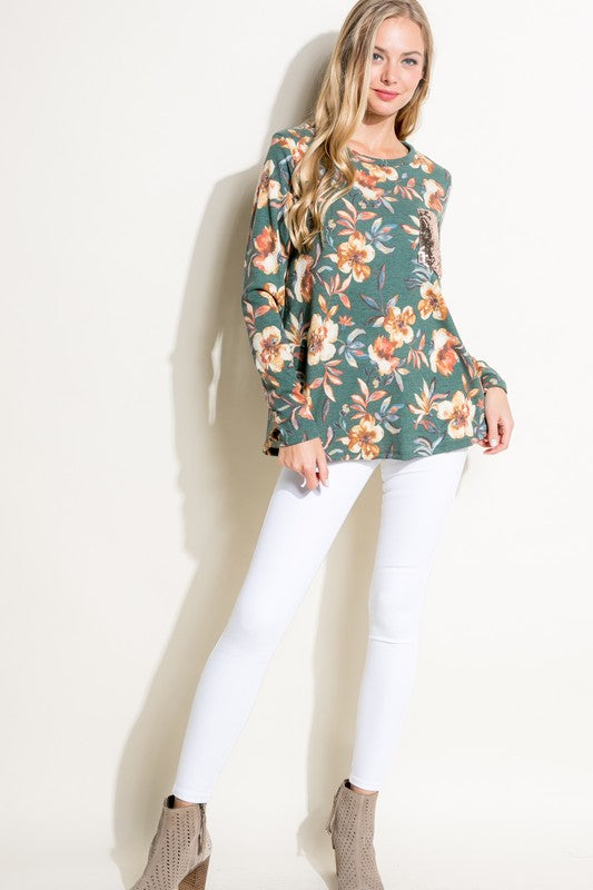 Plus Floral Sequin Pocket Long Sleeve Top