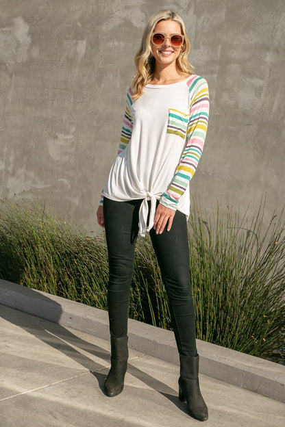 Striped Raglan Pocket Front Tie Top