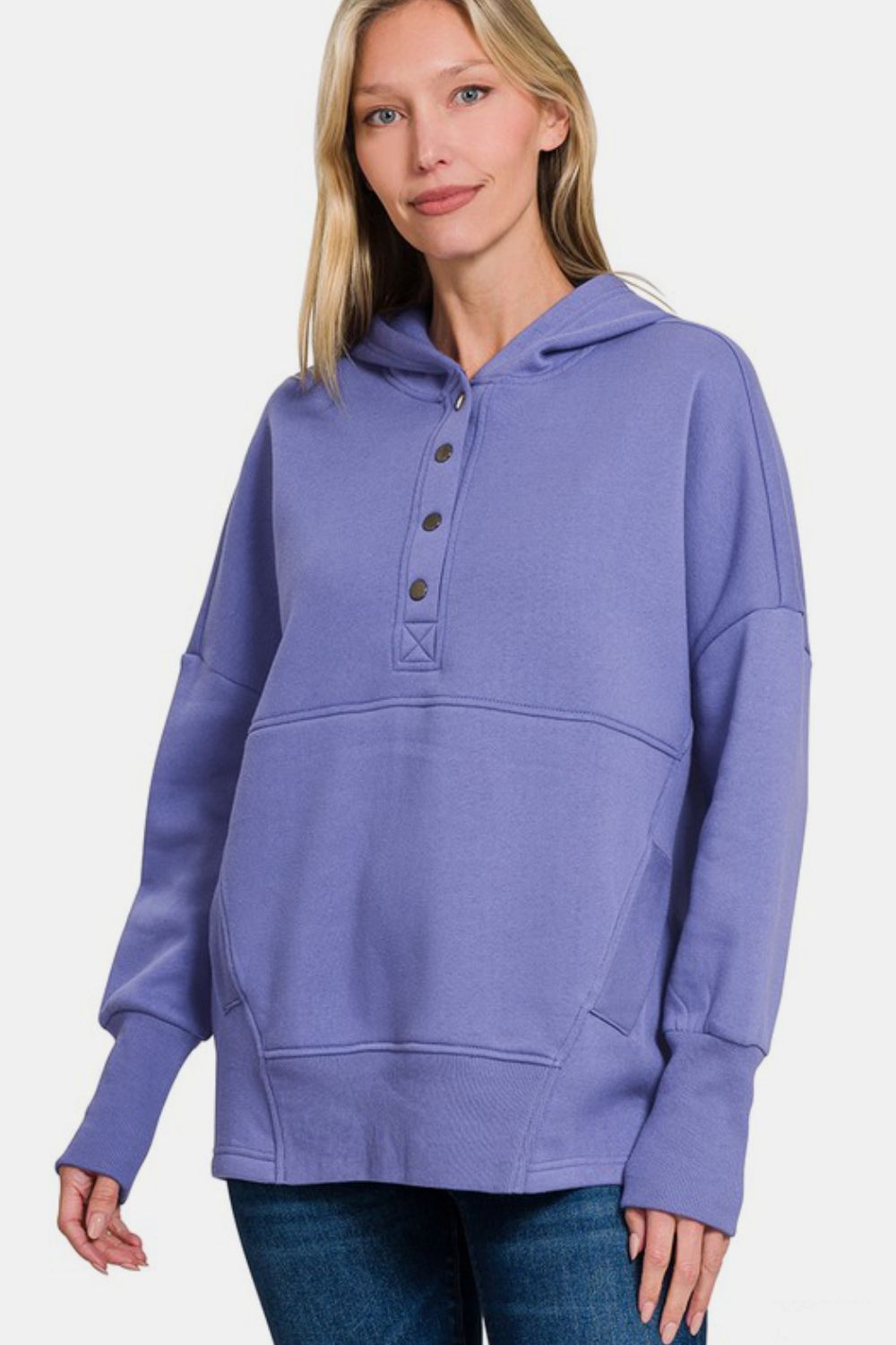 Fleece Half Snap Button Hooded Sweatshirt