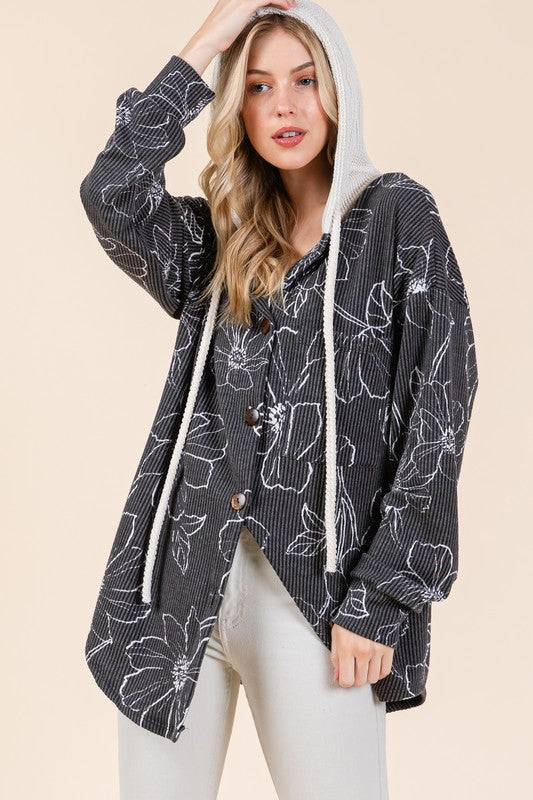 Black Flower Print Drawstring Hooded Button Up Shacket