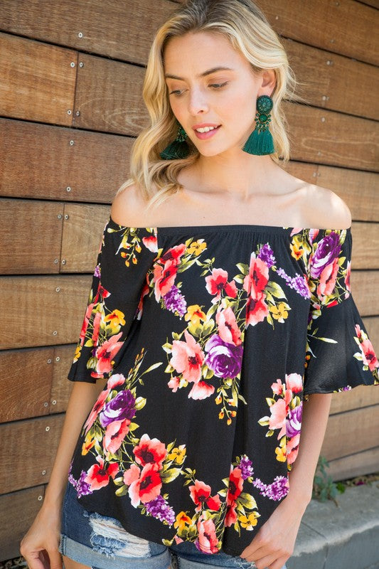 Plus Floral Off Shoulder Ruffle Sleeve Top