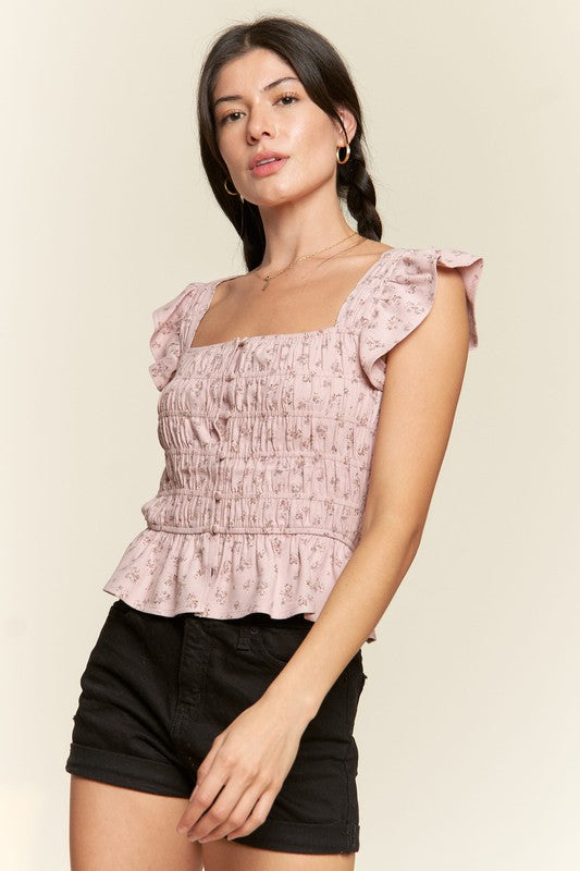 Plus Floral Square Neck Smocked Ruffle Blouse