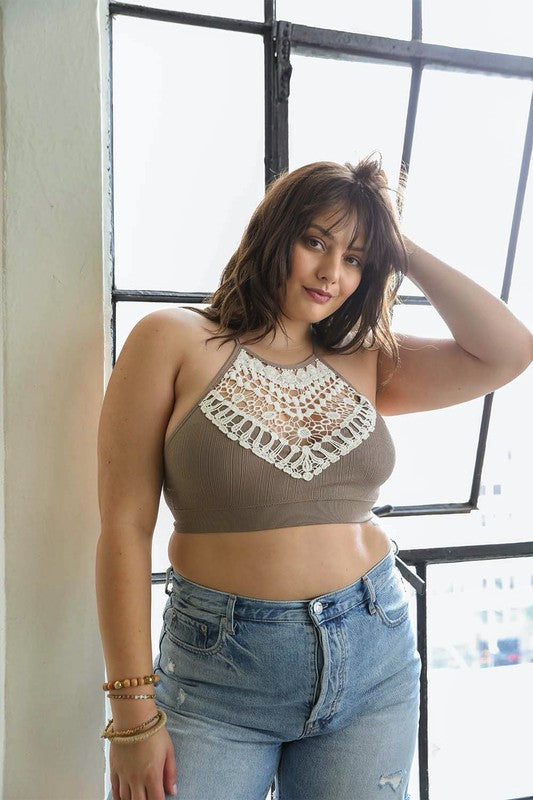 Plus Crochet Lace High Neck Bralette