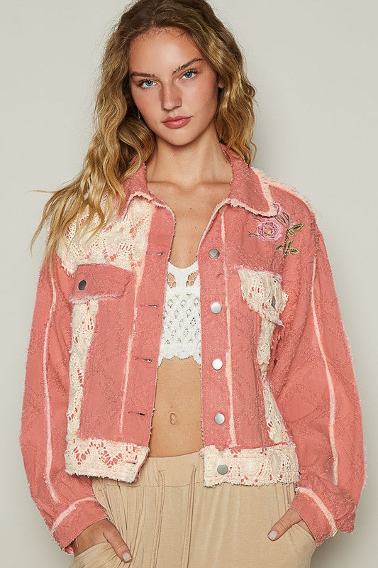 Coral Floral Embroidered Crochet Trim Jacket