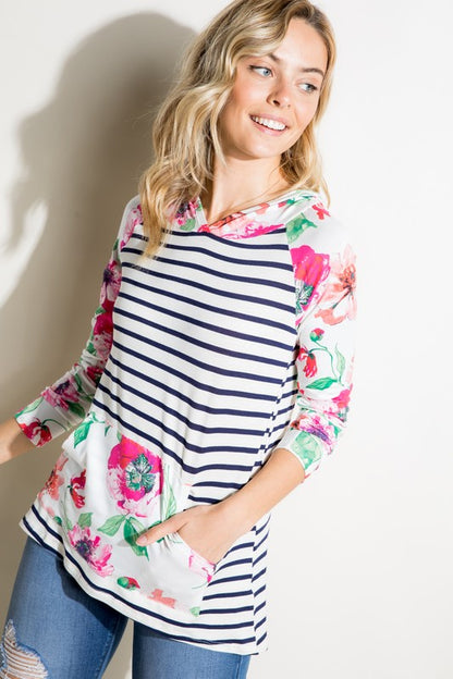 Plus Stripe Floral Kangaroo Pocket Hoodie Top