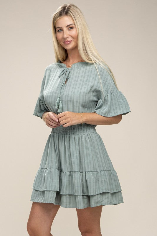 Sage Tie Neck Ruffle Sleeve Layered Hem Dress