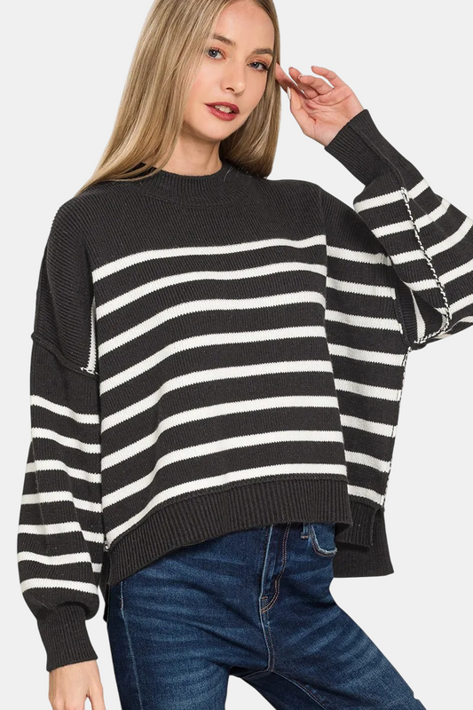 Black Exposed Seam Striped Oversized Sweater