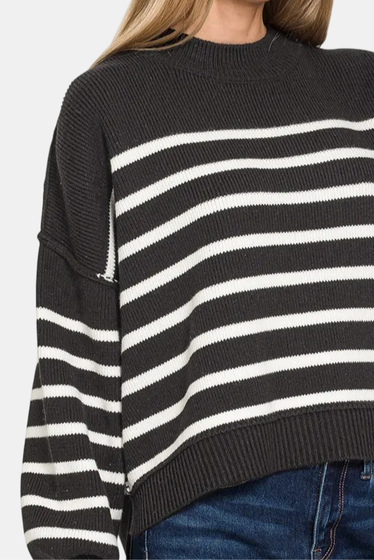 Black Exposed Seam Striped Oversized Sweater
