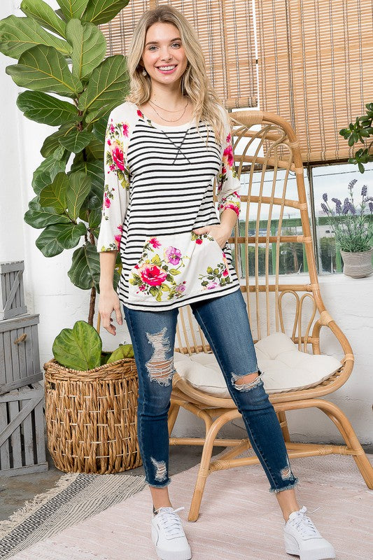 Floral Stripe Kangaroo Pocket Tunic Top