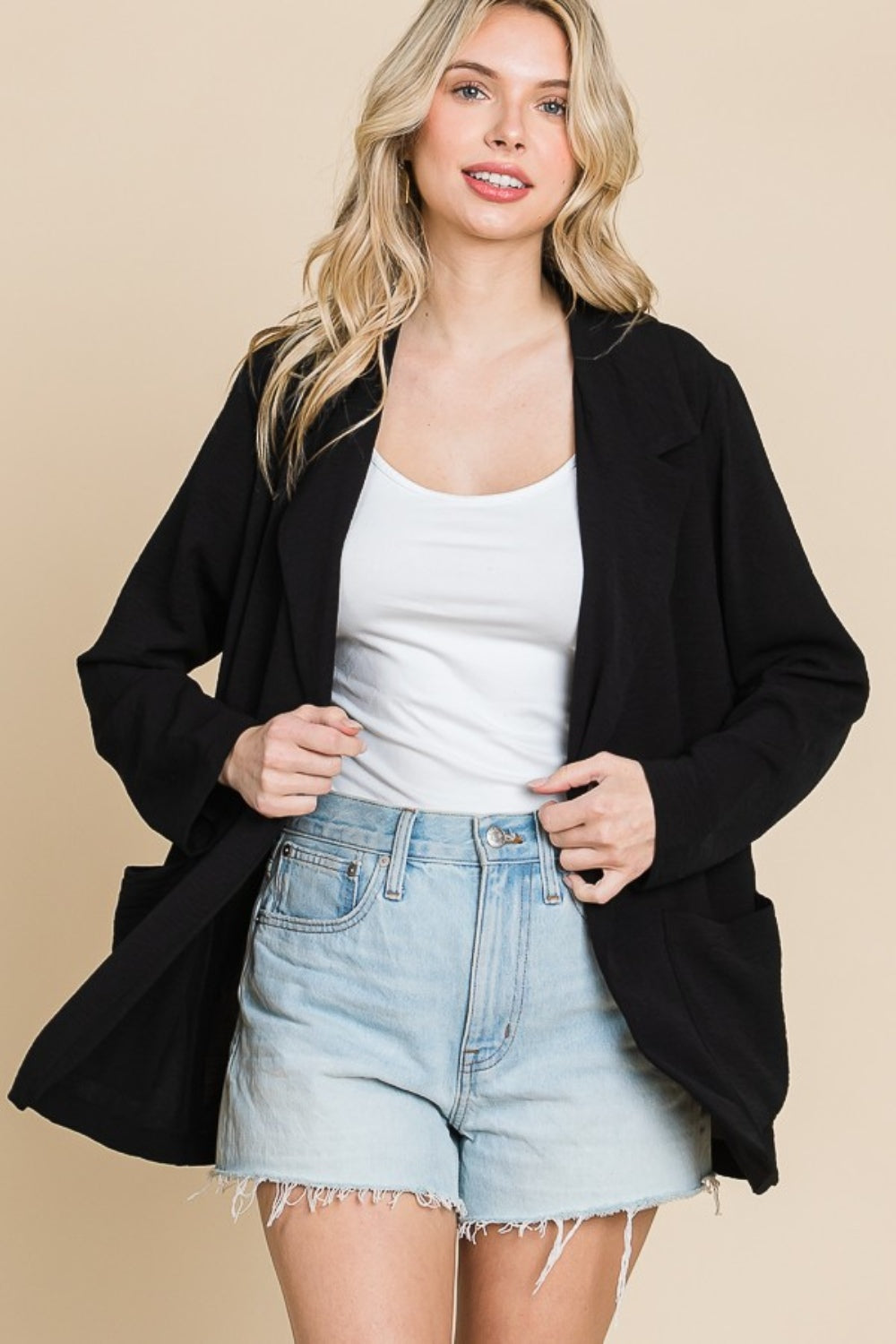 Black One Button Long Sleeve Blazer with Pockets