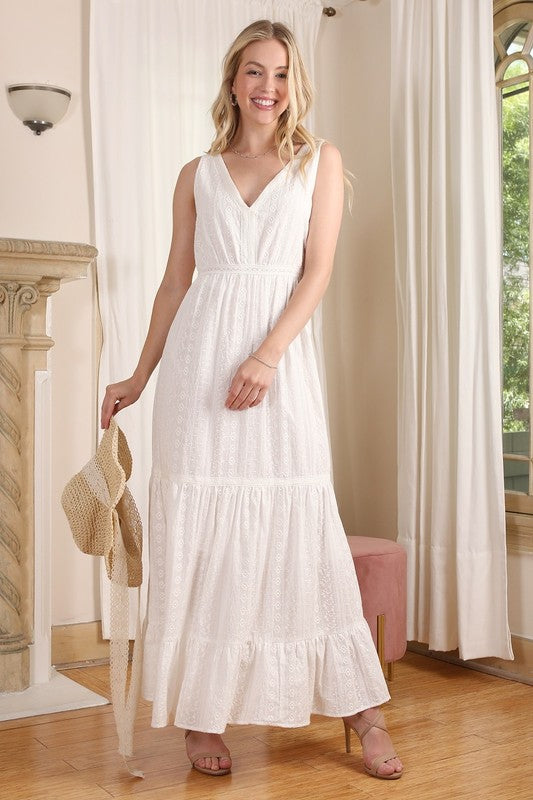White Embroidered V-Neck Tiered Maxi Dress