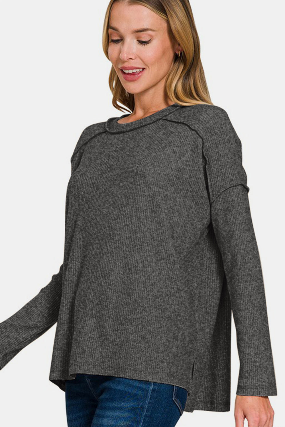 Brushed Ribbed Hacci Hi-Low Sweater