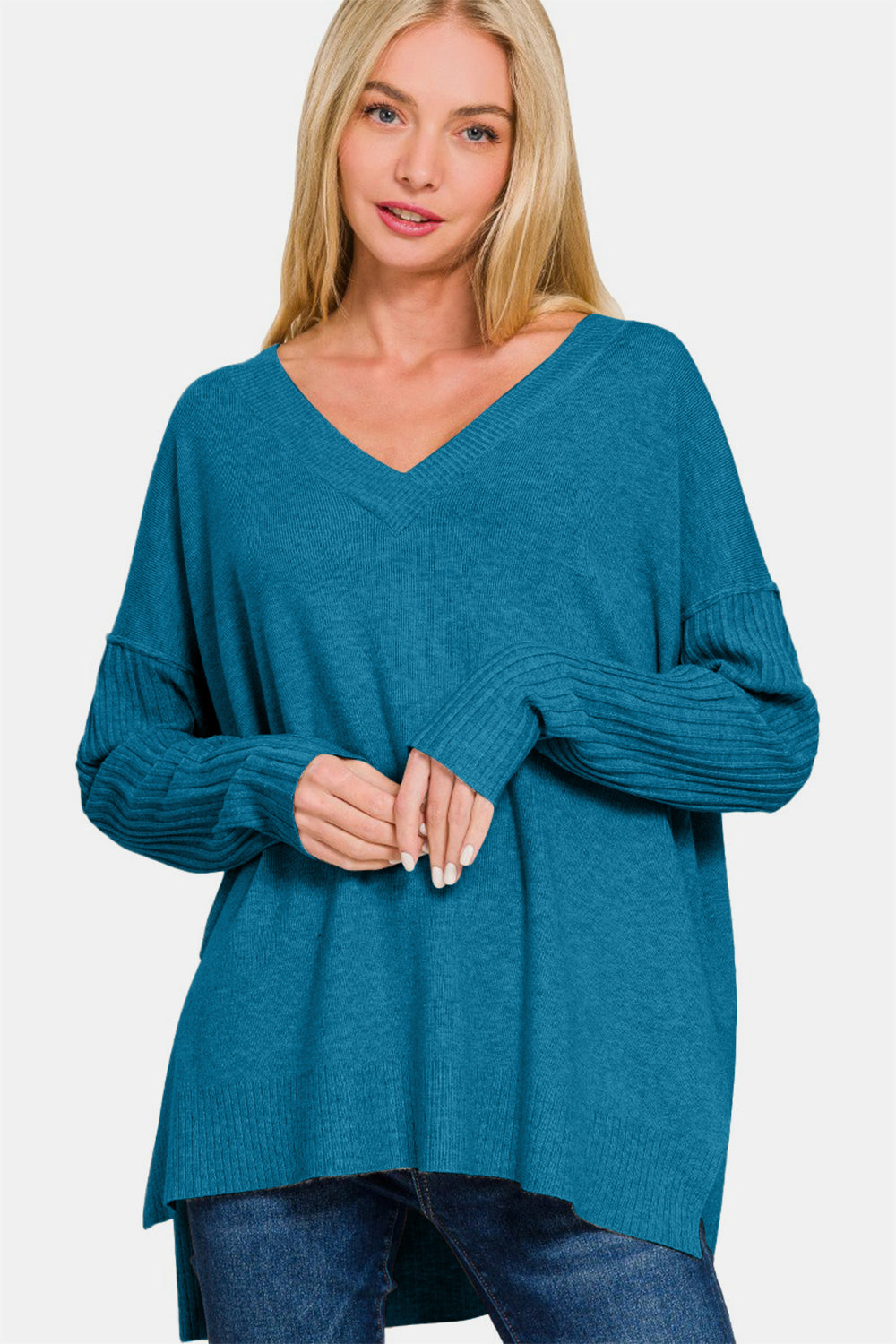 Viscose Ribbed Hem & Sleeve V-Neck Sweater