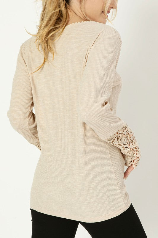 Lace Trim Henley Neck Tee