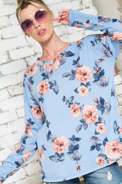 Blue Floral V-Neck Drop Shoulder Top