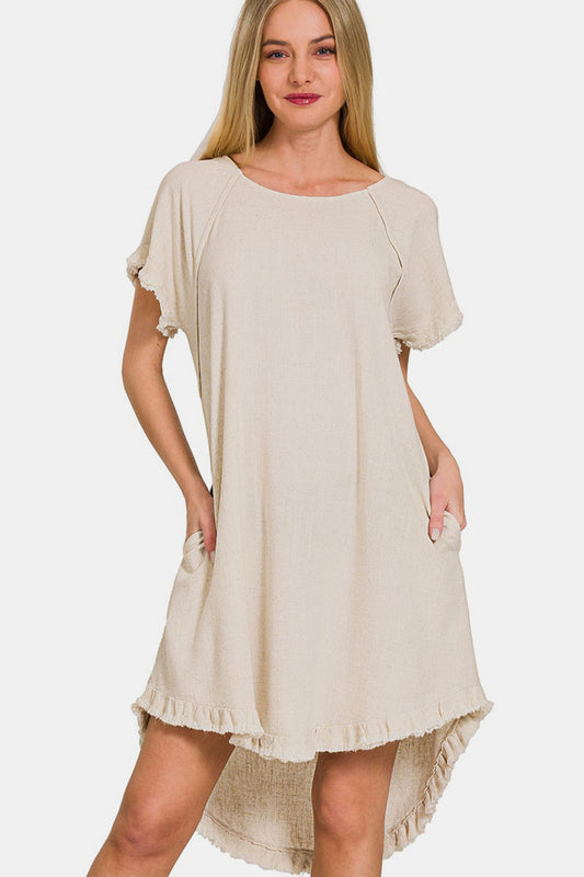 Linen Blend Fringe Edge High Low Flowy Dress