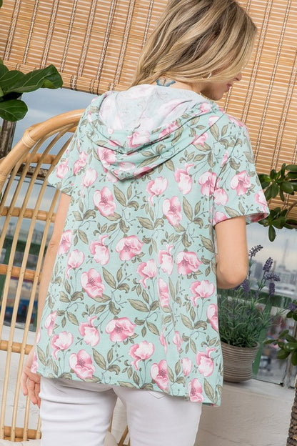 Floral Short Sleeve Hooded Sweatshirt Top