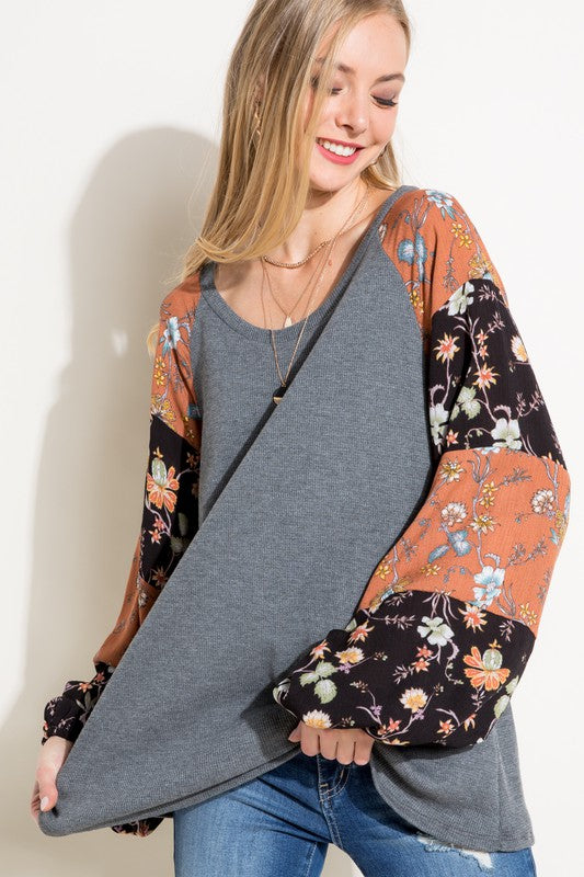 Plus Waffle Knit Woven Floral Bubble Sleeve Top