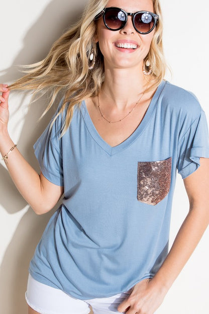 Solid Sequin Pocket Boxy Tee