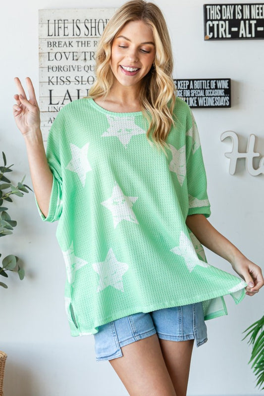 Light Green Star Pattern Oversized Waffle T-Shirt