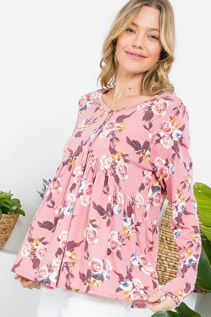 Plus Floral Button V Neck Long Sleeve Babydoll Top