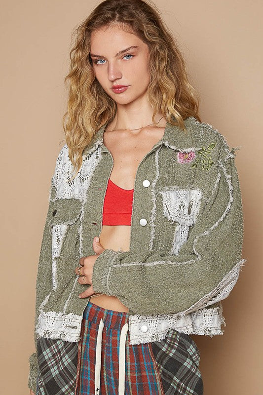 Olive Floral Embroidered Crochet Trim Jacket