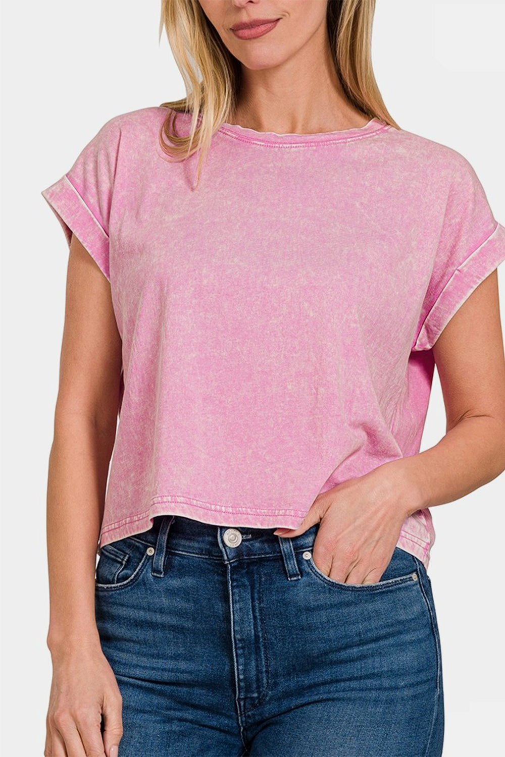 Washed Cotton Cuffed Short Sleeve Top