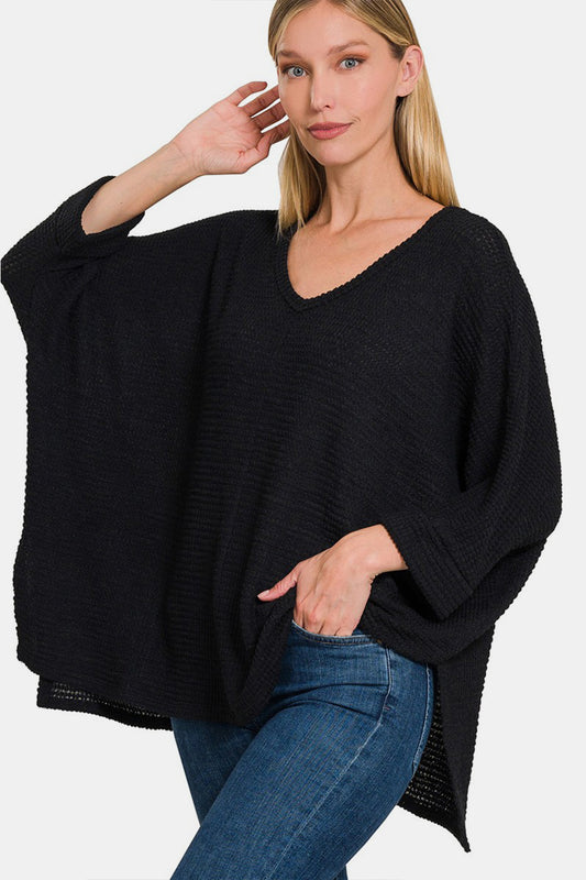 3/4 Sleeve V-Neck Jacquard Sweater