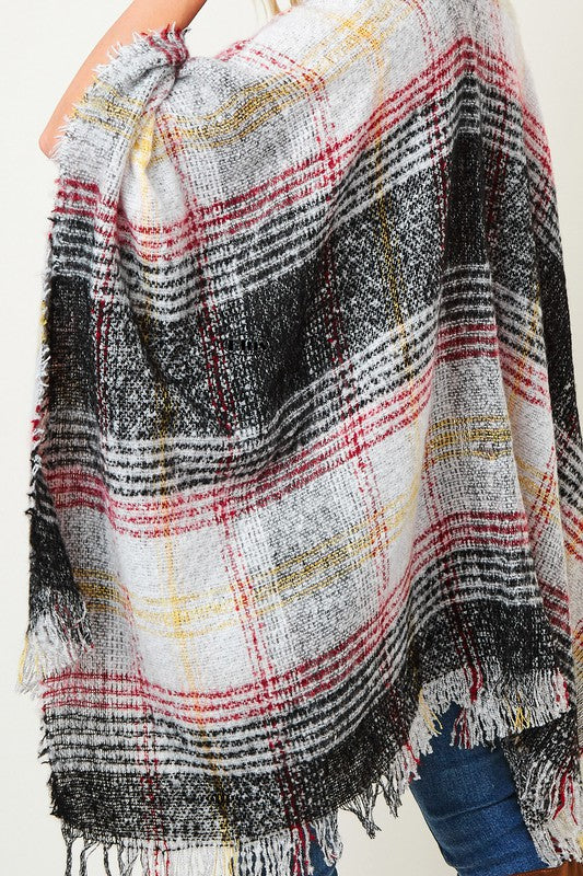 Multi Plaid Fringe Trim Poncho