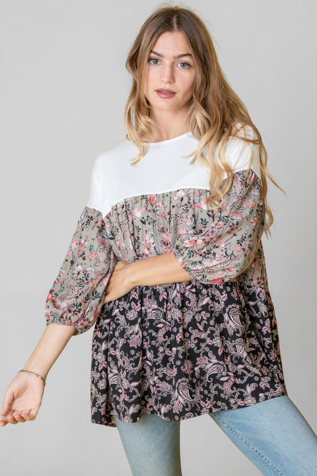 Plus Paisley Floral Bubble Sleeve Tiered Tunic