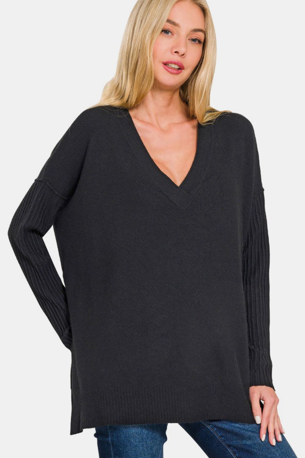 Viscose Ribbed Hem & Sleeve V-Neck Sweater