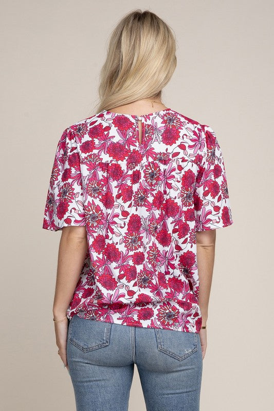 Fuchsia Floral Flutter Sleeve Blouse