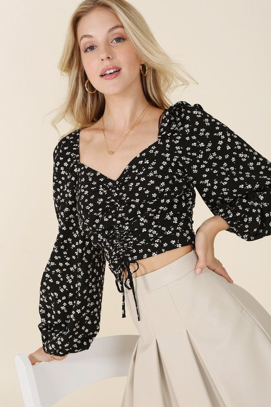 Black Floral Puff Sleeve Ruched Crop Top