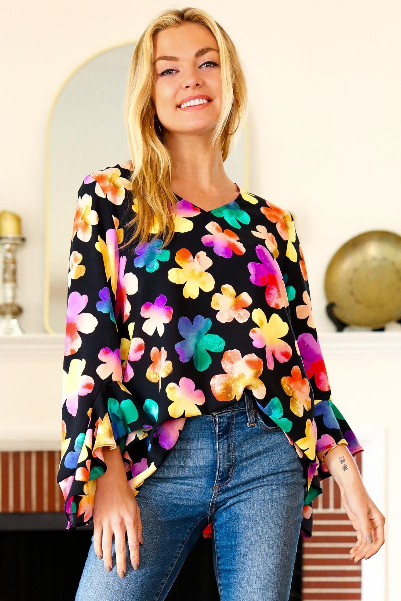 Black Floral Hi-Lo Ruffle Sleeve Woven Top