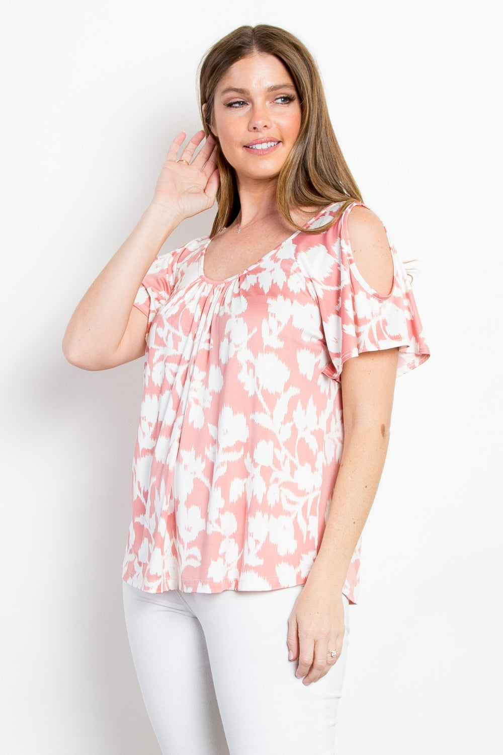 Pink Foral Cold Shoulder Swing Top