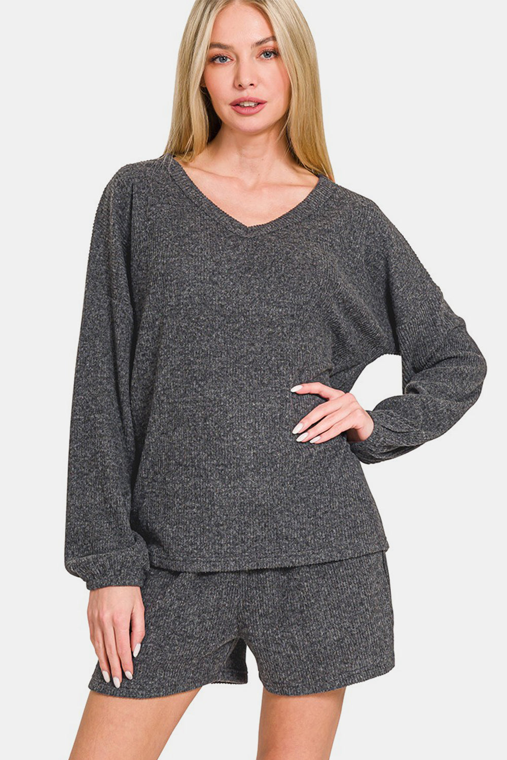 Brushed Ribbed Hacci V-Neck Long Sleeve Tee & Shorts Set