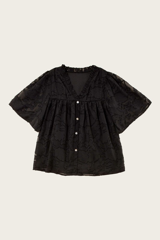 Black Jacquard Floral Button Flutter Sleeve Blouse