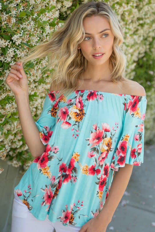 Plus Floral Off Shoulder Ruffle Sleeve Top