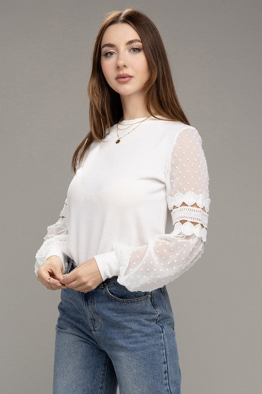 Swiss Dot Lace Bubble Sleeve Top