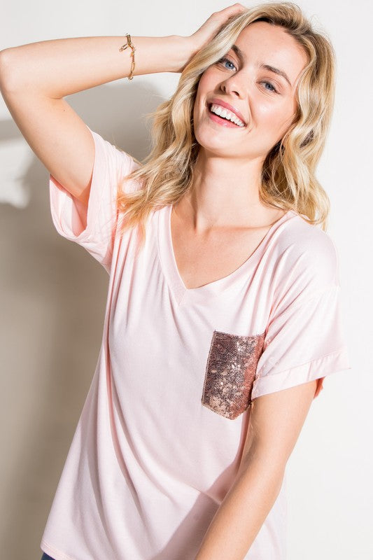 Solid Sequin Pocket Boxy Tee