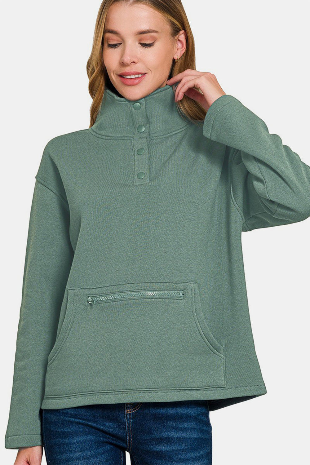 Fleece High Neck Half Snap Button Front Sweatshirt