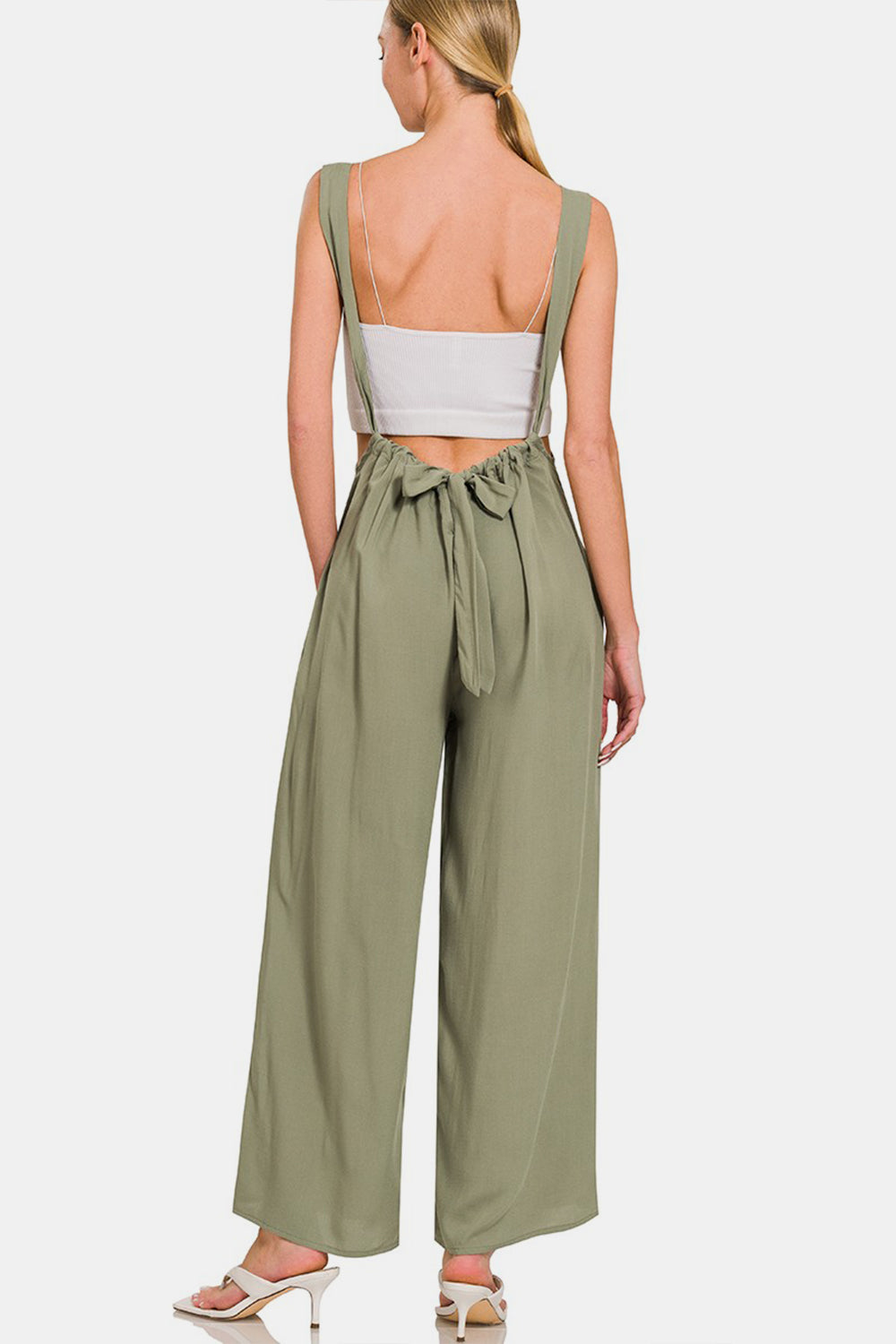 Woven Tie Back Suspender Jumpsuit With Pockets