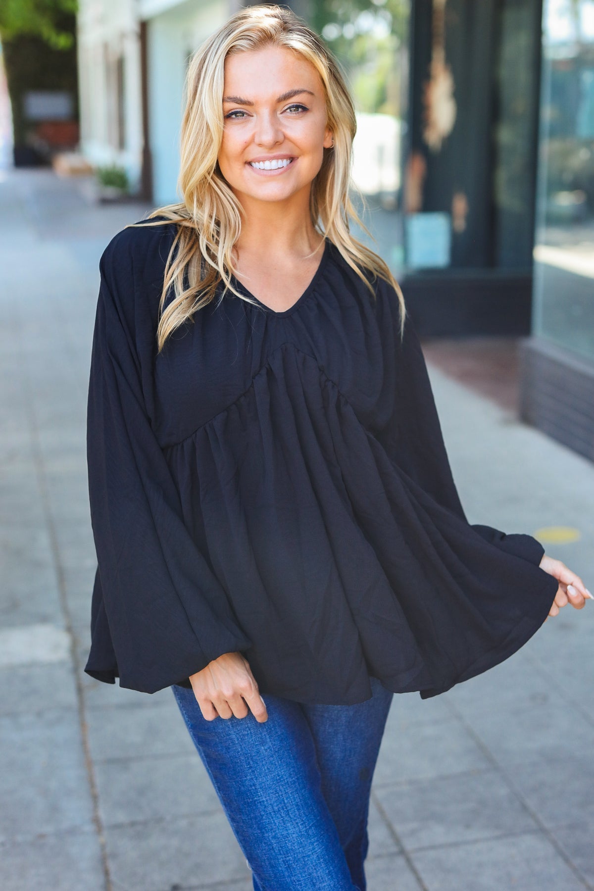 Black V Neck Babydoll Woven Top