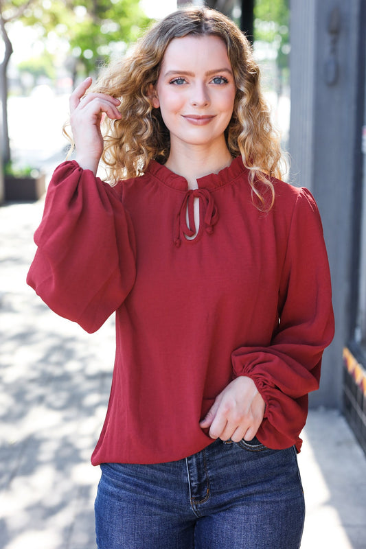 Burgundy Frilled Edge V Neck Tie Top