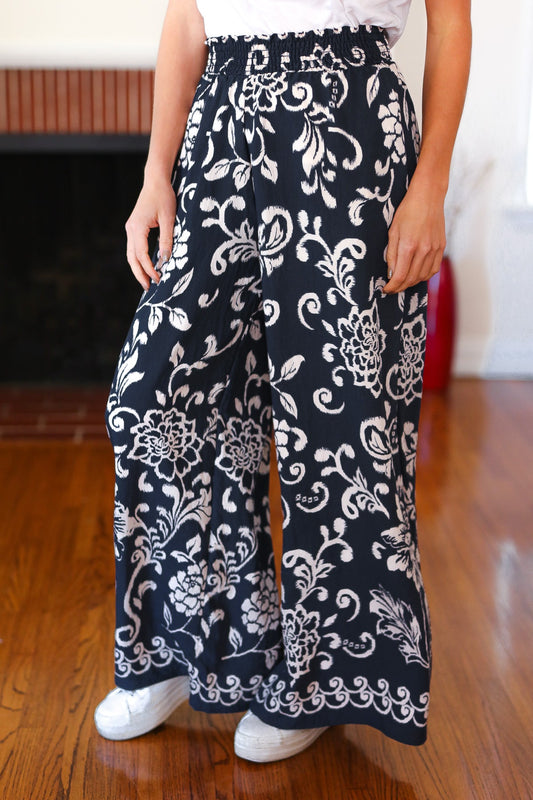 Black Paisley Floral Smocked Waist Palazzo Pants