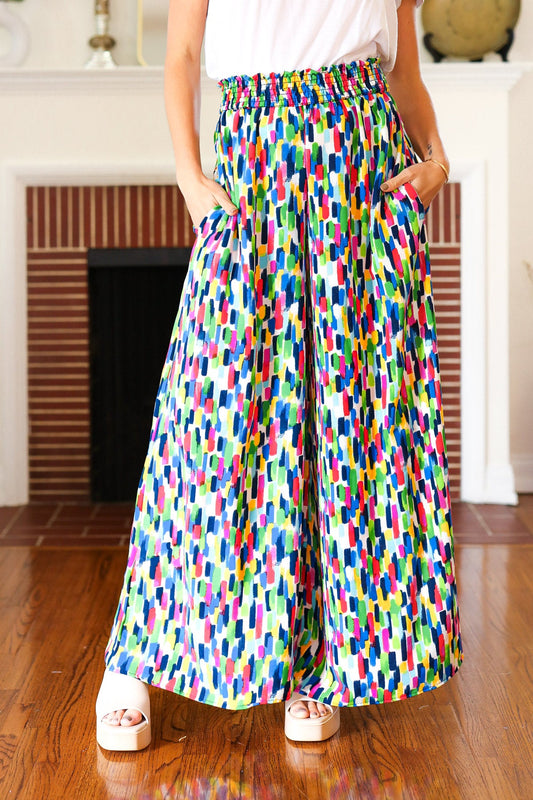 Navy & Green Abstract Print Smocked Waist Palazzo Pants