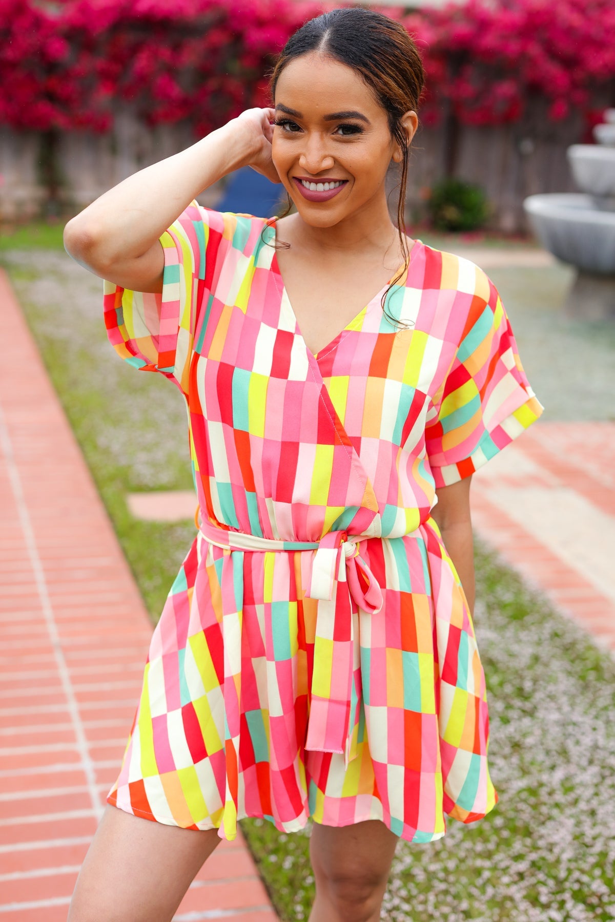 Coral & Yellow Geo Surplice Woven Romper