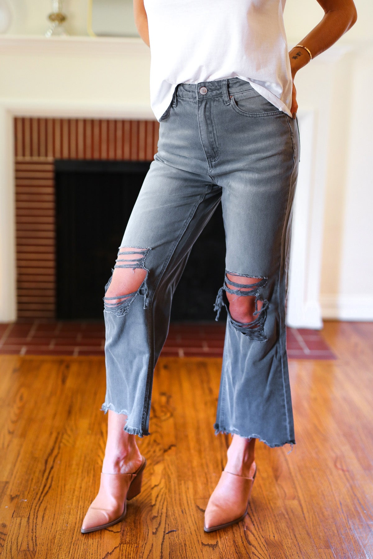 Ash Black Acid Washed High Waist Distressed Straight Pants