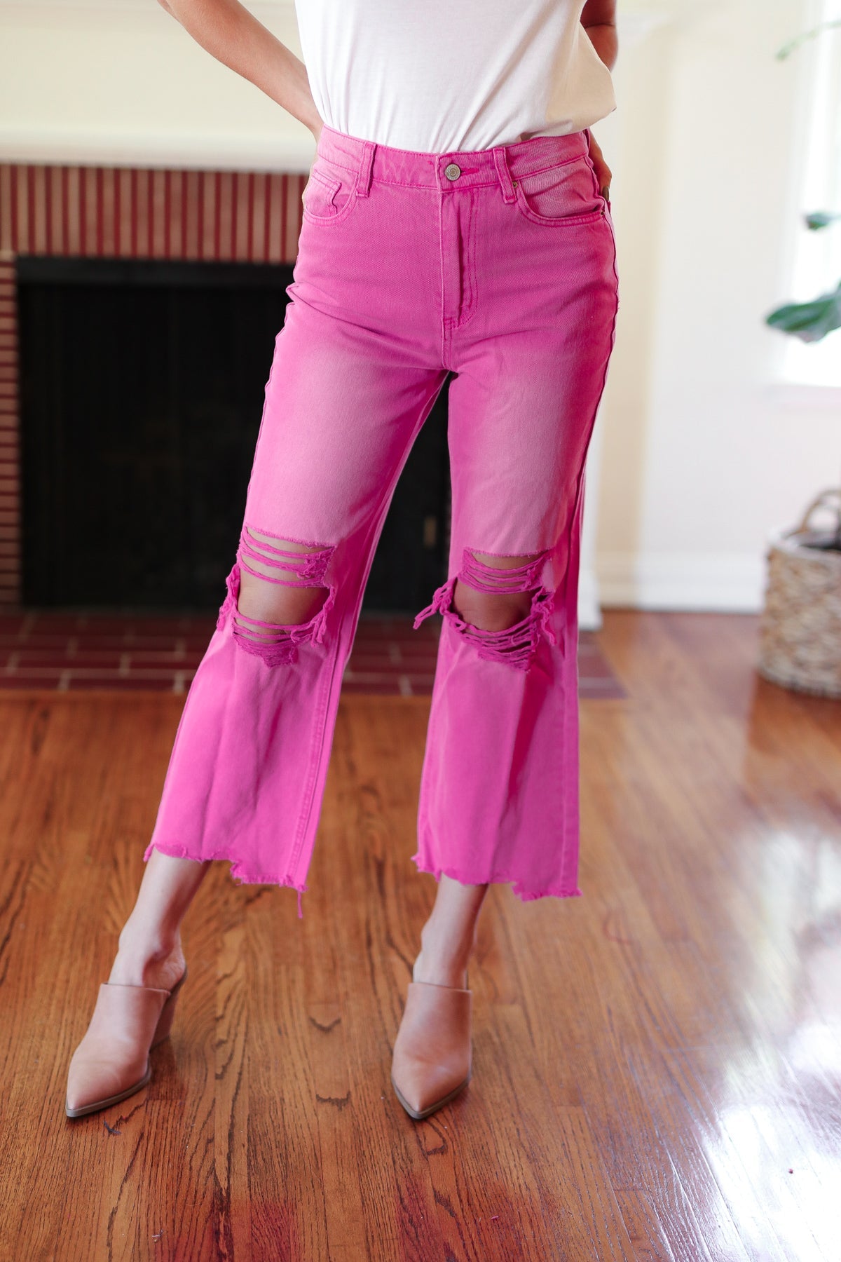 Hot Pink Acid Washed High Waist Distressed Straight Pants